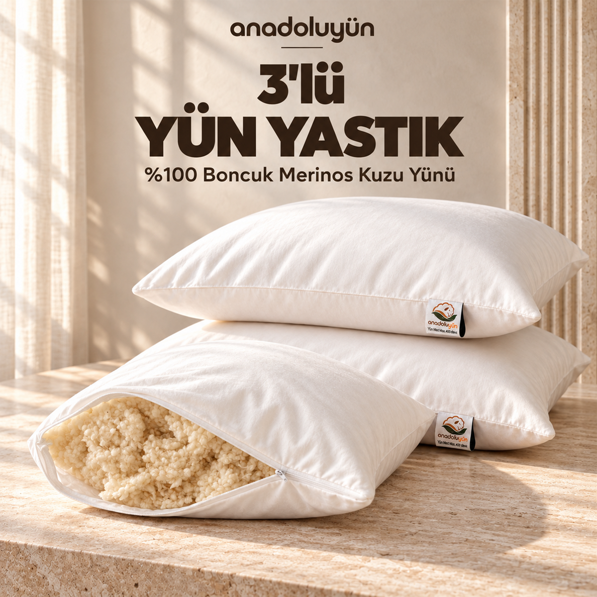 3'lü Ayarlanabilir Merinos Kuzu Yünü Yastık 50x70 cm