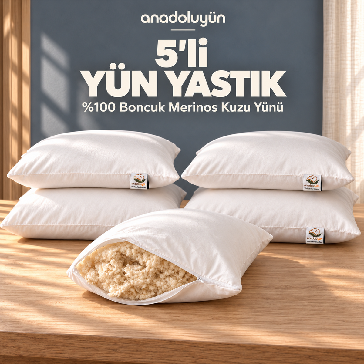 5'li Ayarlanabilir Merinos Kuzu Yünü Yastık 50x70 cm