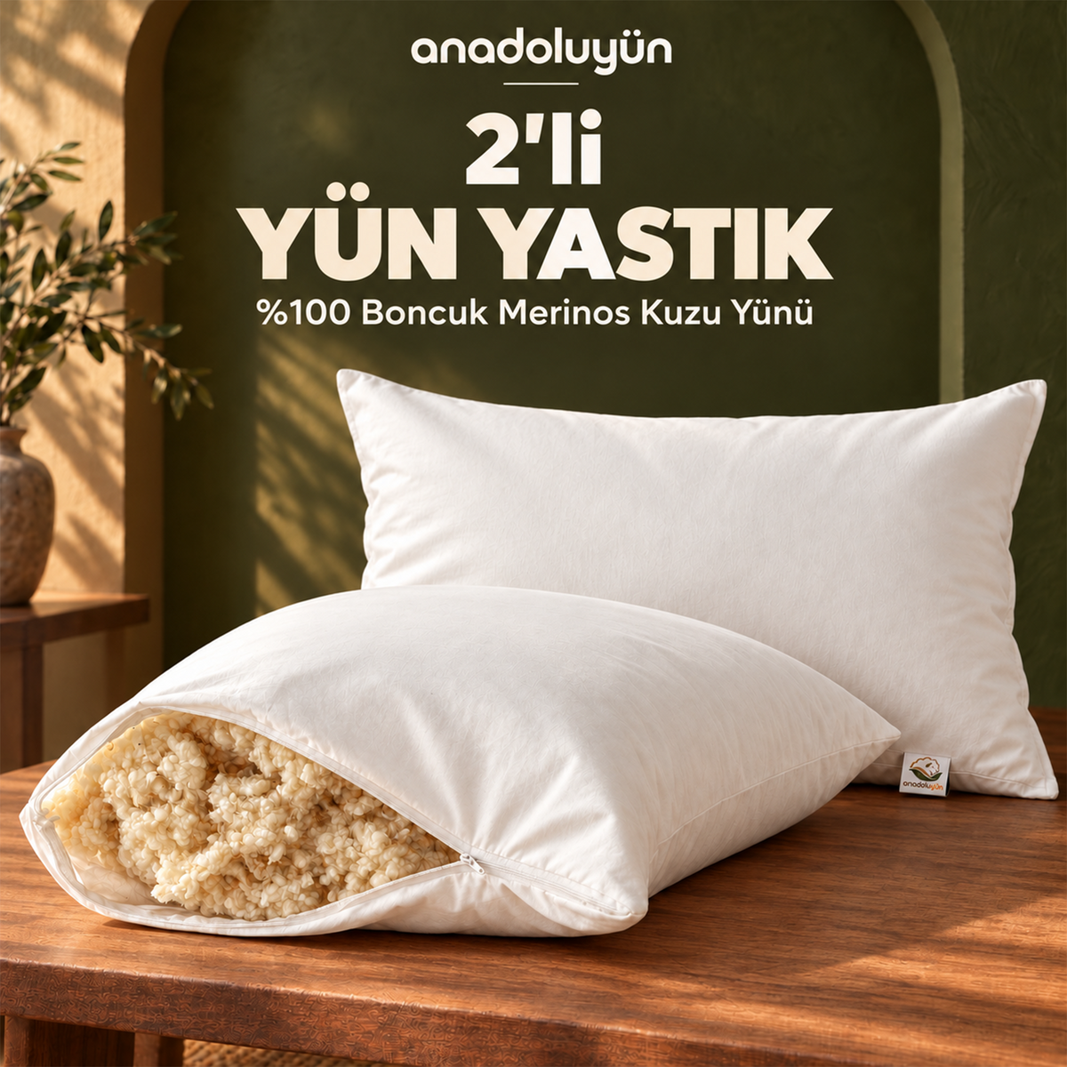 2'li Ayarlanabilir Merinos Kuzu Yünü Yastık 50x70 cm