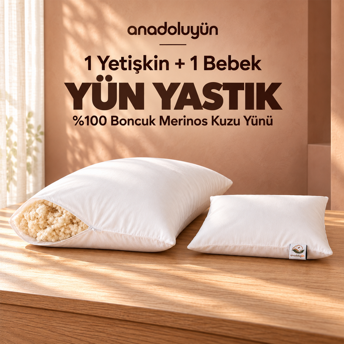Anadolu Yün 1 Yetişkin + 1 Bebek Merinos Kuzu Yünü Yastık Seti