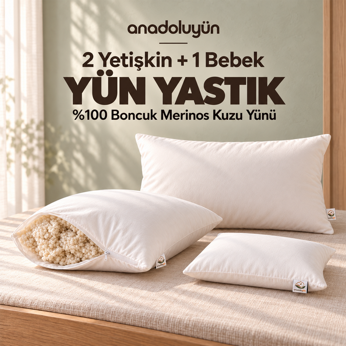 Anadolu Yün 2 Yetişkin + 1 Bebek Merinos Kuzu Yünü Yastık Seti