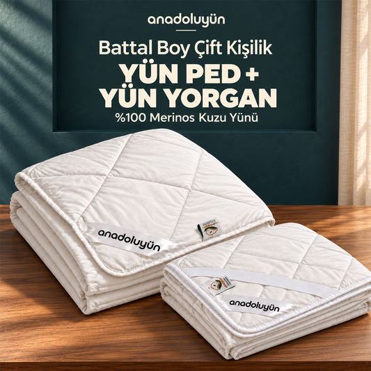 Anadolu Yün Battal Boy Yün Yatak Pedi ve Yün Yorgan Seti