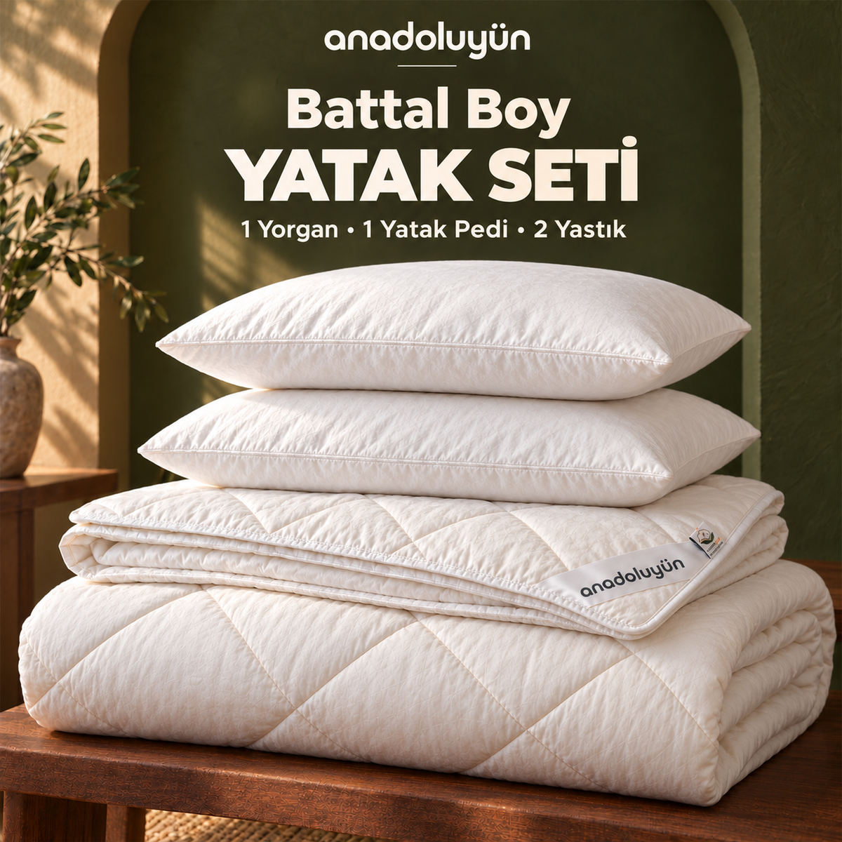 Anadolu Yün Battal Boy Yatak Seti: 1 Yorgan, 1 Yatak Pedi, 2 Yastık