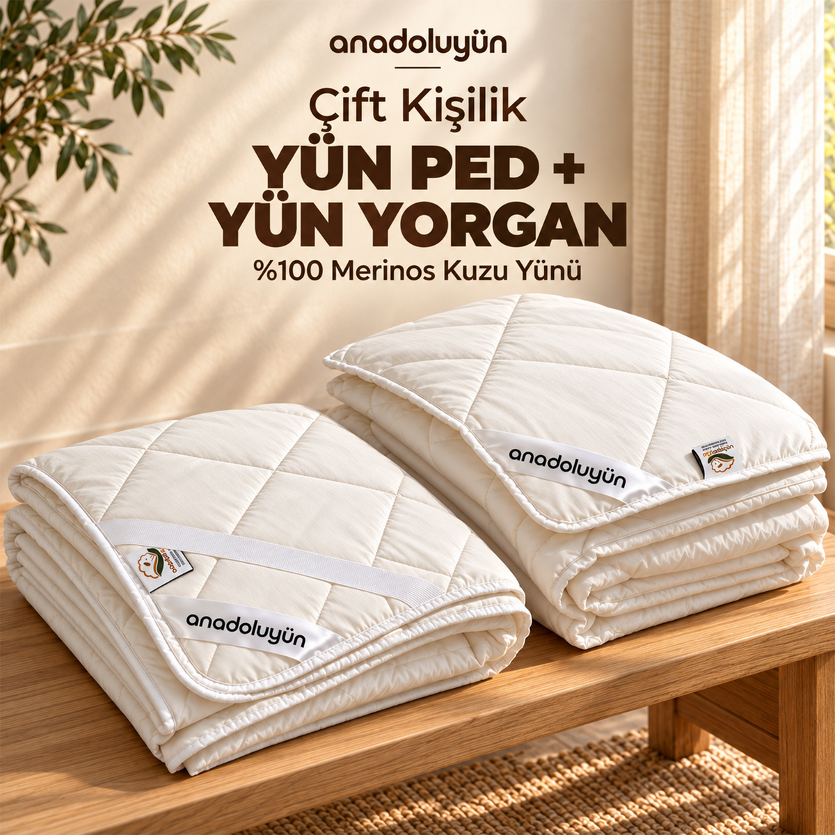Anadolu Yün Çift Kişilik Yün Yatak Pedi ve Yün Yorgan Seti