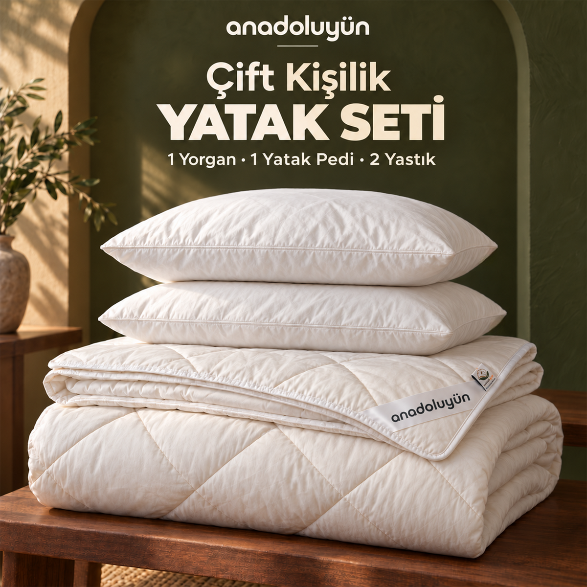 Anadolu Yün Çift Kişilik Yatak Seti: 1 Yorgan, 1 Yatak Pedi, 2 Yastık