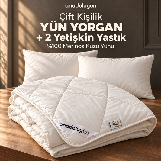 Anadolu Yün Çift Kişilik Yün Yorgan ve 2 Yetişkin Yastık Seti