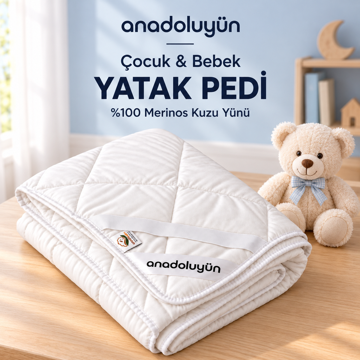 Anadolu Yün Çocuk ve Bebek Merinos Kuzu Yünü Yatak Pedi