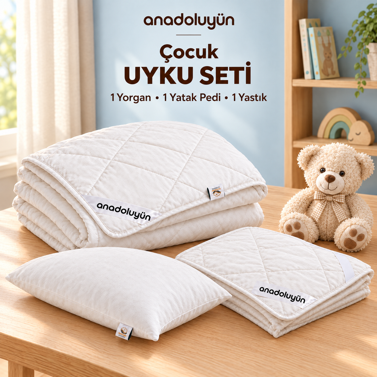 Anadolu Yün Çocuk Uyku Seti: 1 Yorgan, 1 Yatak Pedi, 1 Yastık