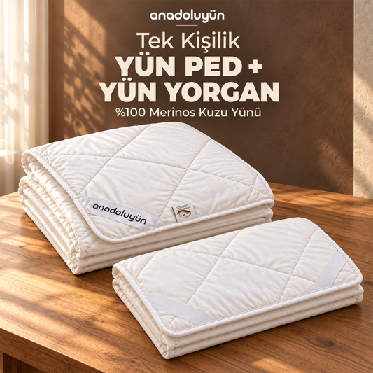 Anadolu Yün Tek Kişilik Yün Yatak Pedi ve Yün Yorgan Seti