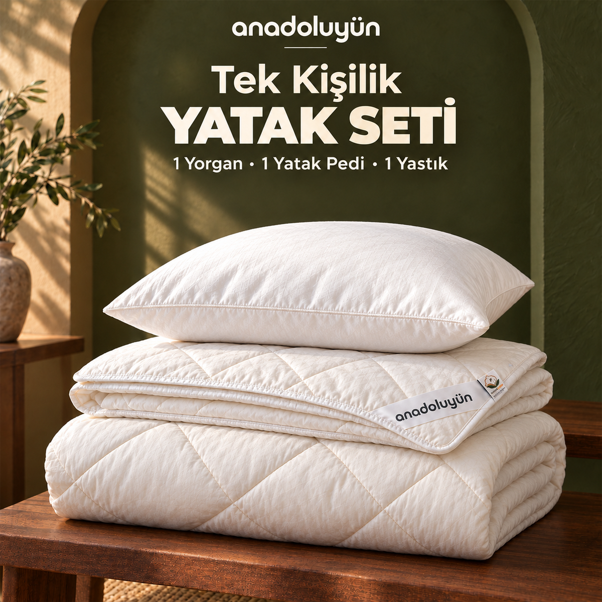 Anadolu Yün Tek Kişilik Yatak Seti: 1 Yorgan, 1 Yatak Pedi, 1 Yastık