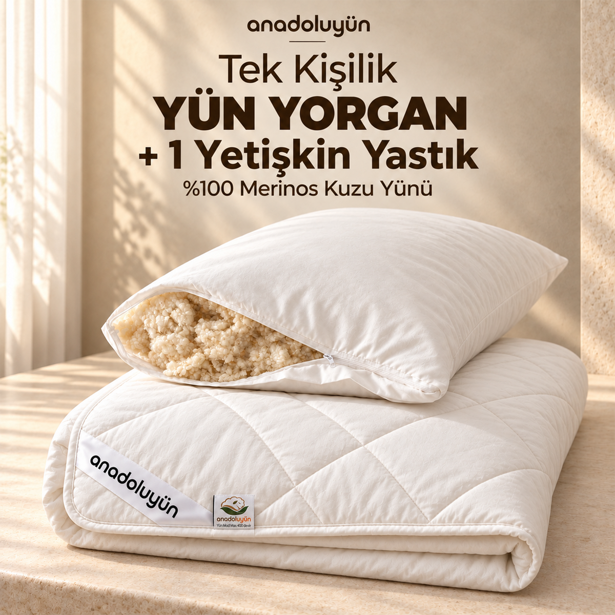 Anadolu Yün Tek Kişilik Yün Yorgan ve 1 Yetişkin Yastık Seti