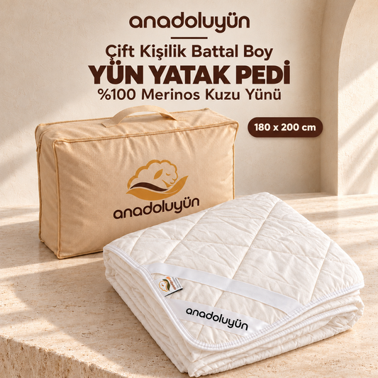 Anadolu Yün Battal Boy Merinos Kuzu Yünü Yatak Pedi 180 x 200 cm