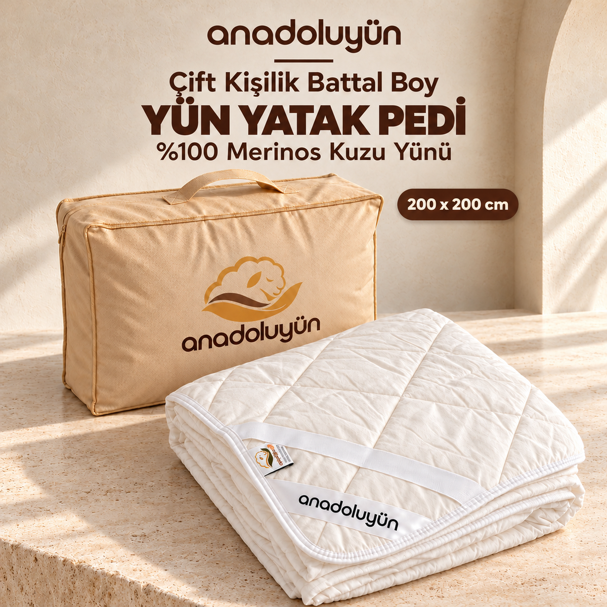 Anadolu Yün Battal Boy Merinos Kuzu Yünü Yatak Pedi 200 x 200 cm